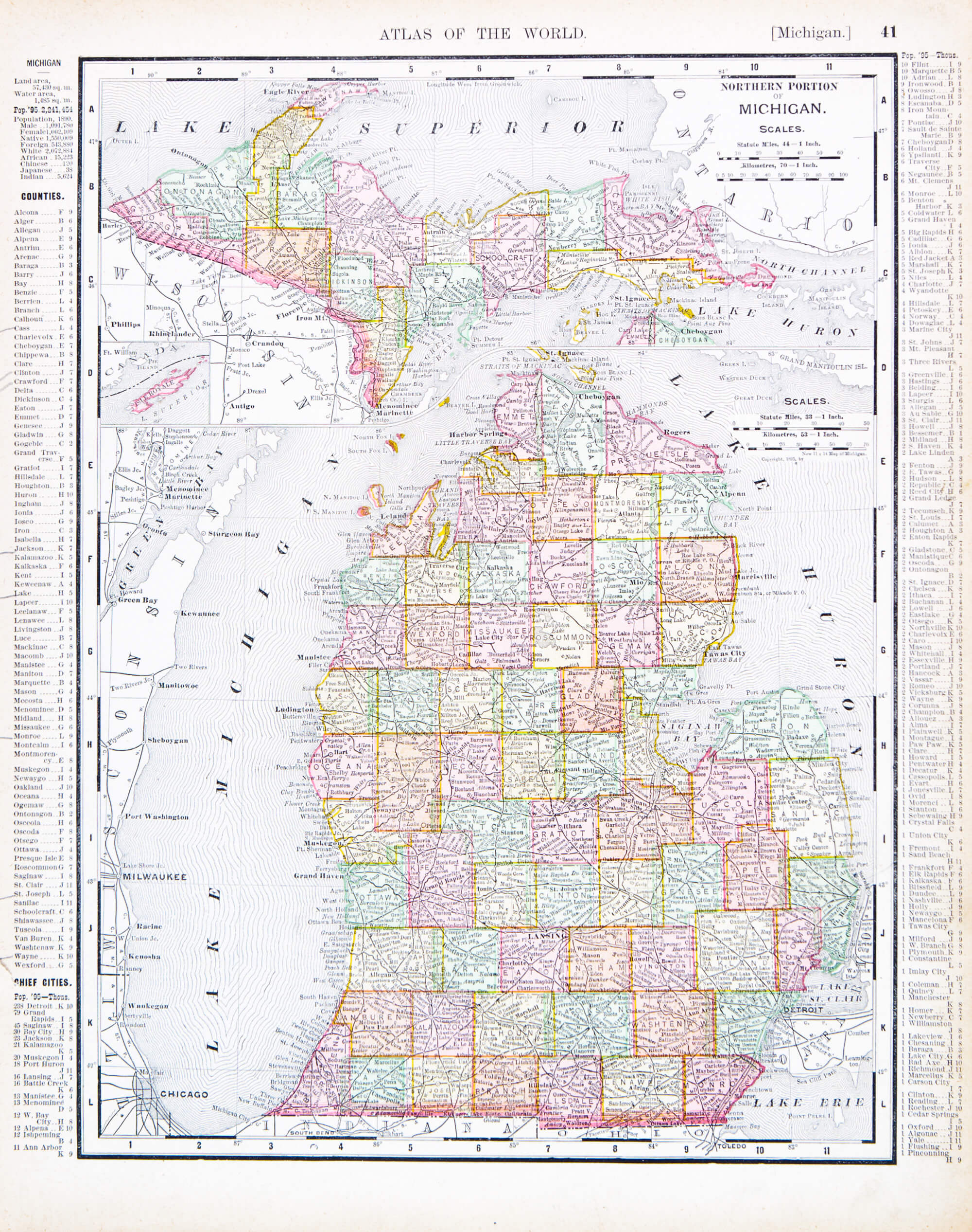 Michigan historical map from 1900 with counties and towns.