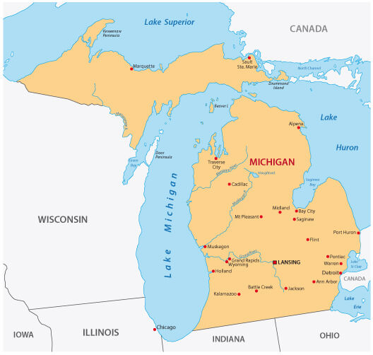 Michigan major cities map with nearby lakes and states