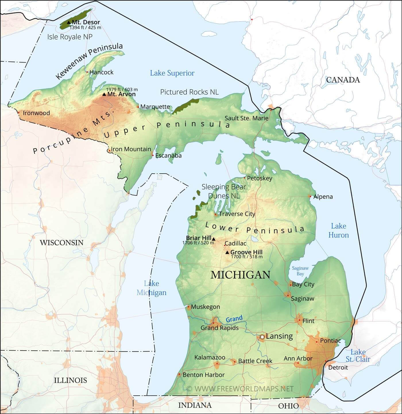 Michigan physical map with Upper and Lower Peninsulas