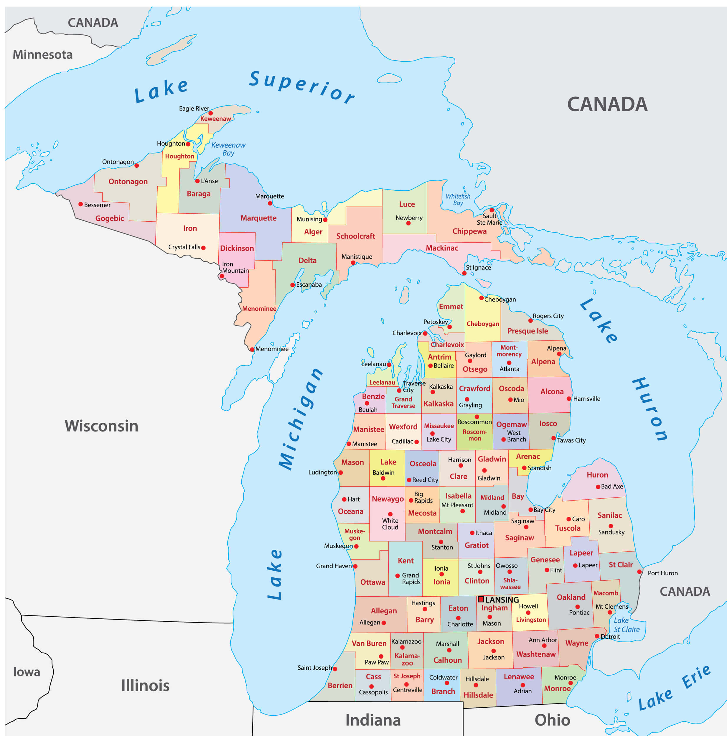 Michigan political map with counties and major boundaries