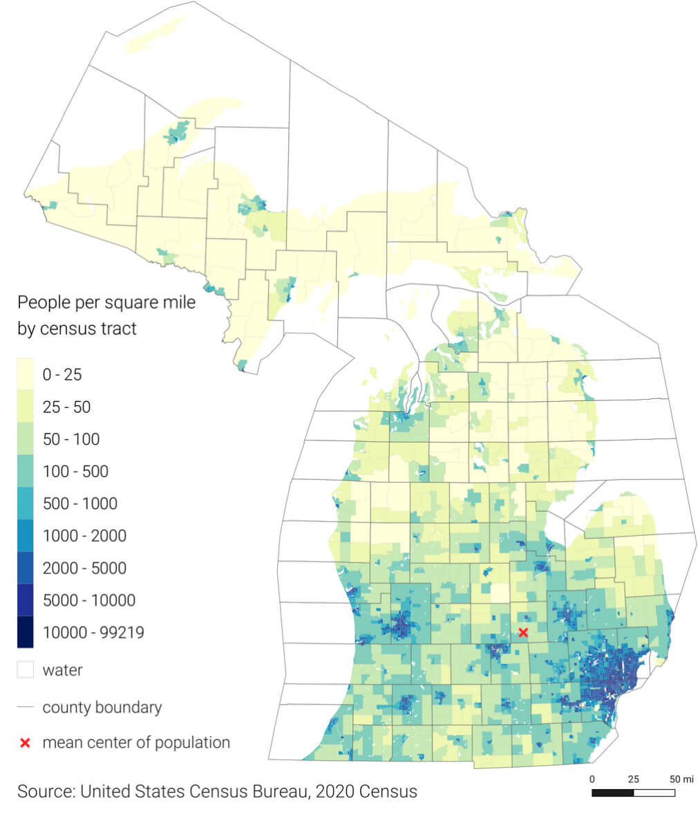 Michigan population density map by census tract, 2020