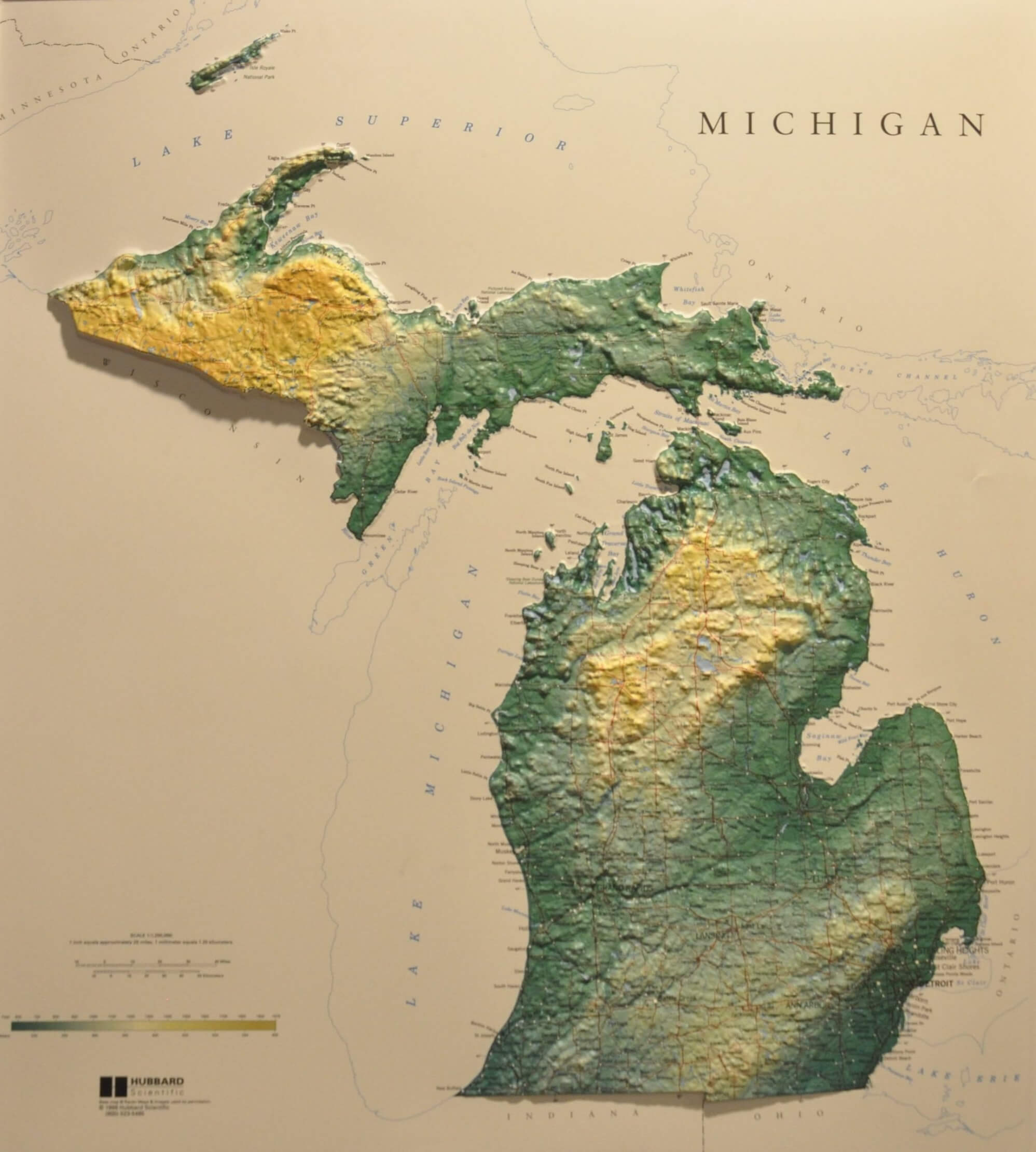 Michigan relief map with elevation and terrain features