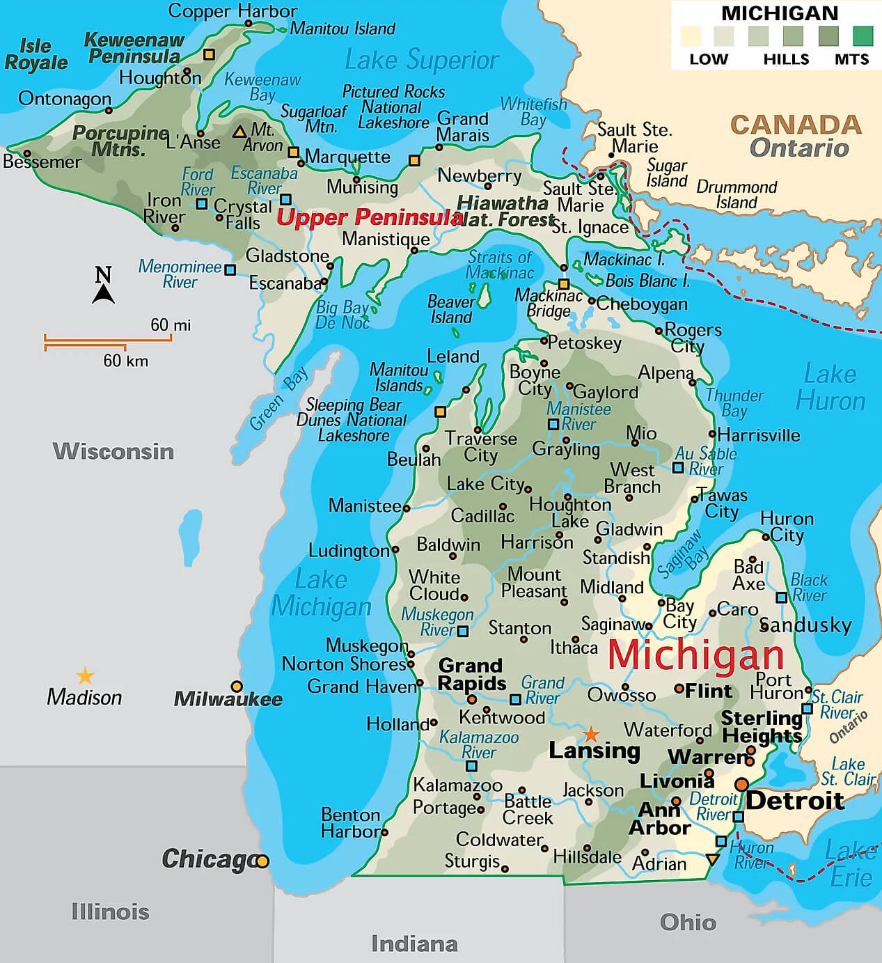 Michigan map with rivers, cities, and surrounding Great Lake