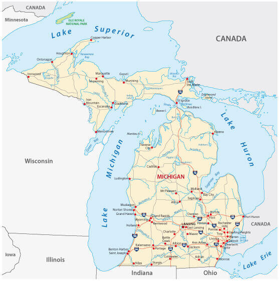 Michigan roadmap with major highways, towns and nearby states