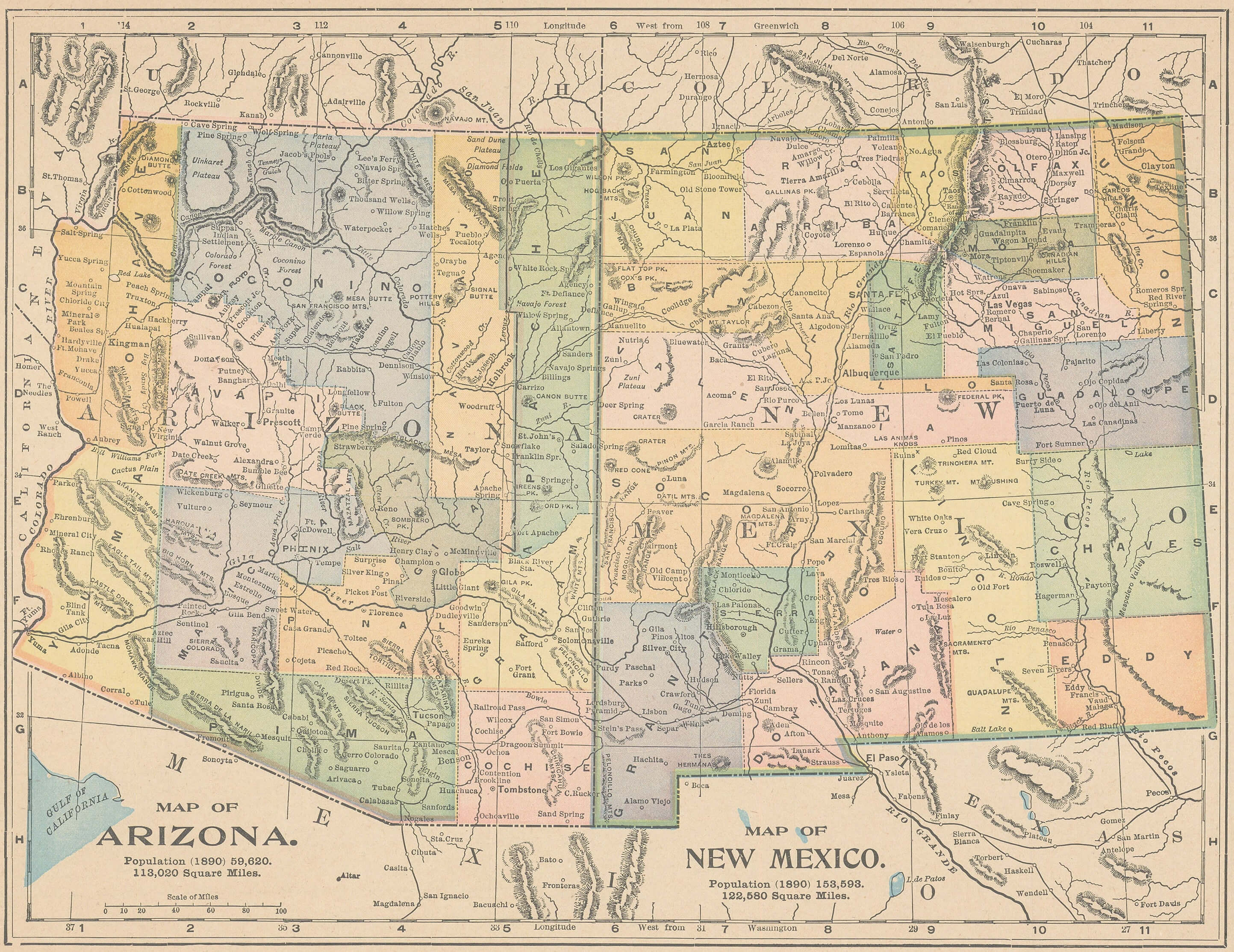 New Mexico and Arizona Population Map in 1890