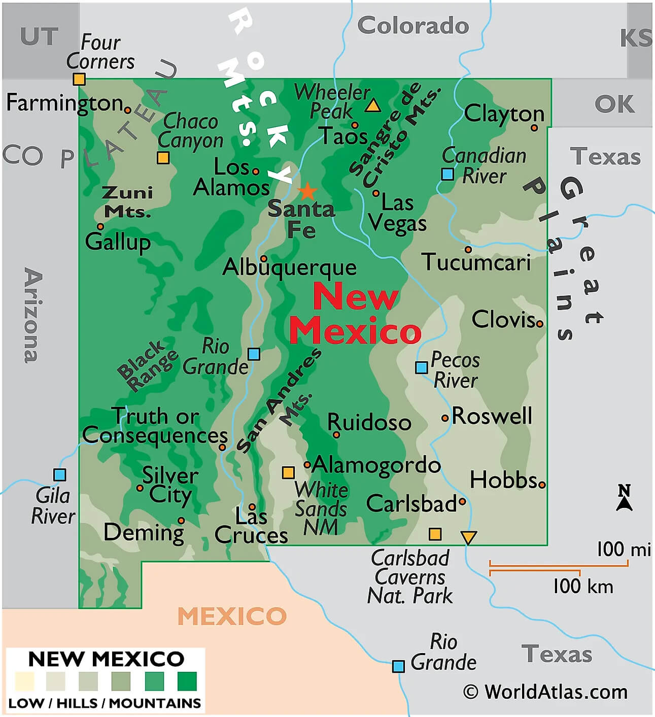 New Mexico Rivers and Mountains Map with- Major Cities