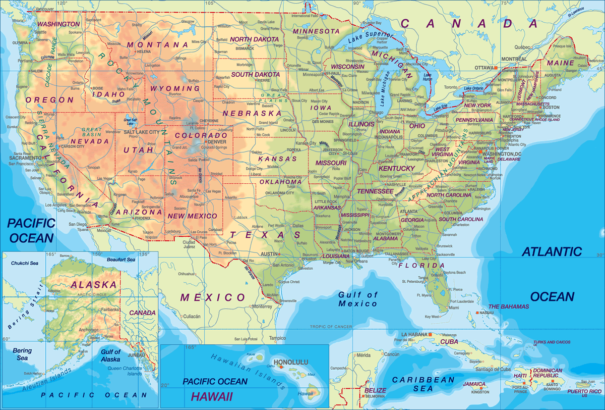 Physical Map of The United States Map