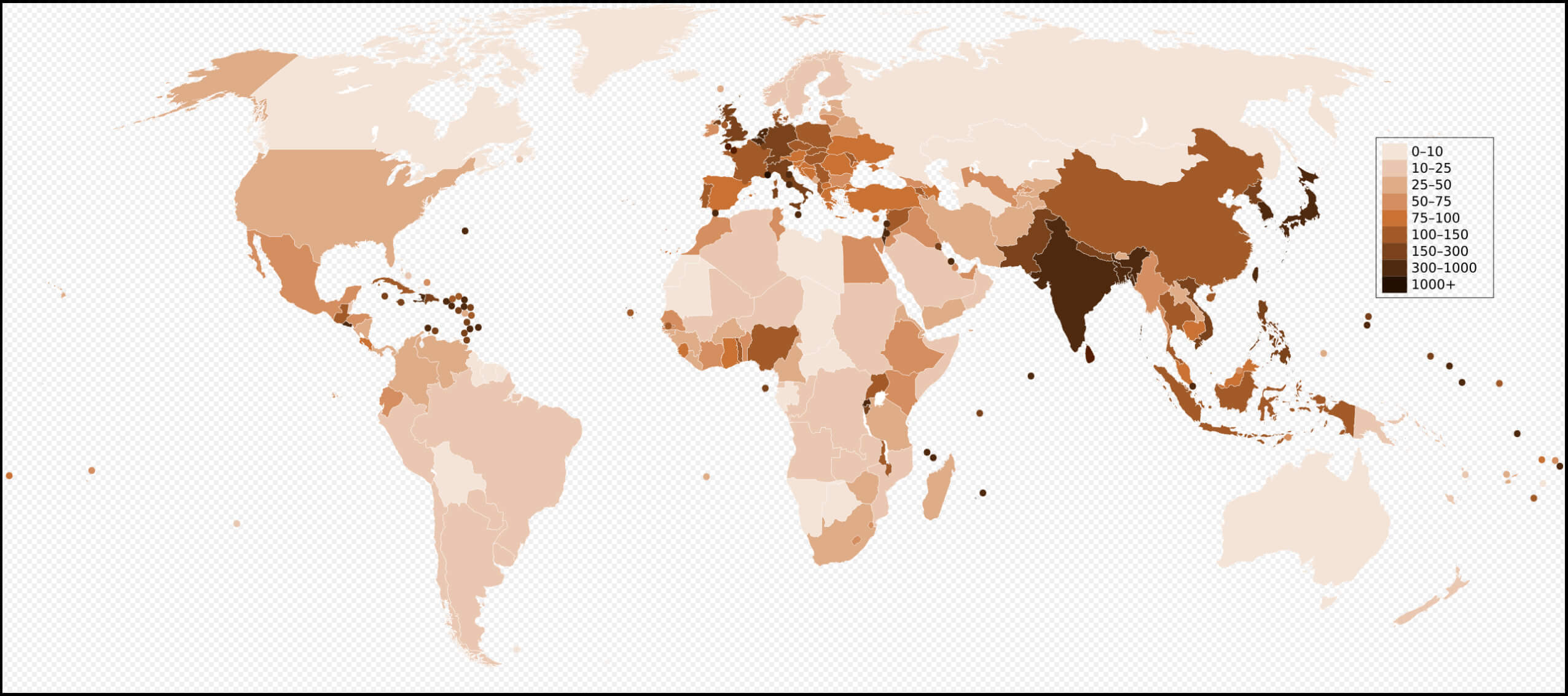 Global World Countries Population Density Map by Country (2006) with the US