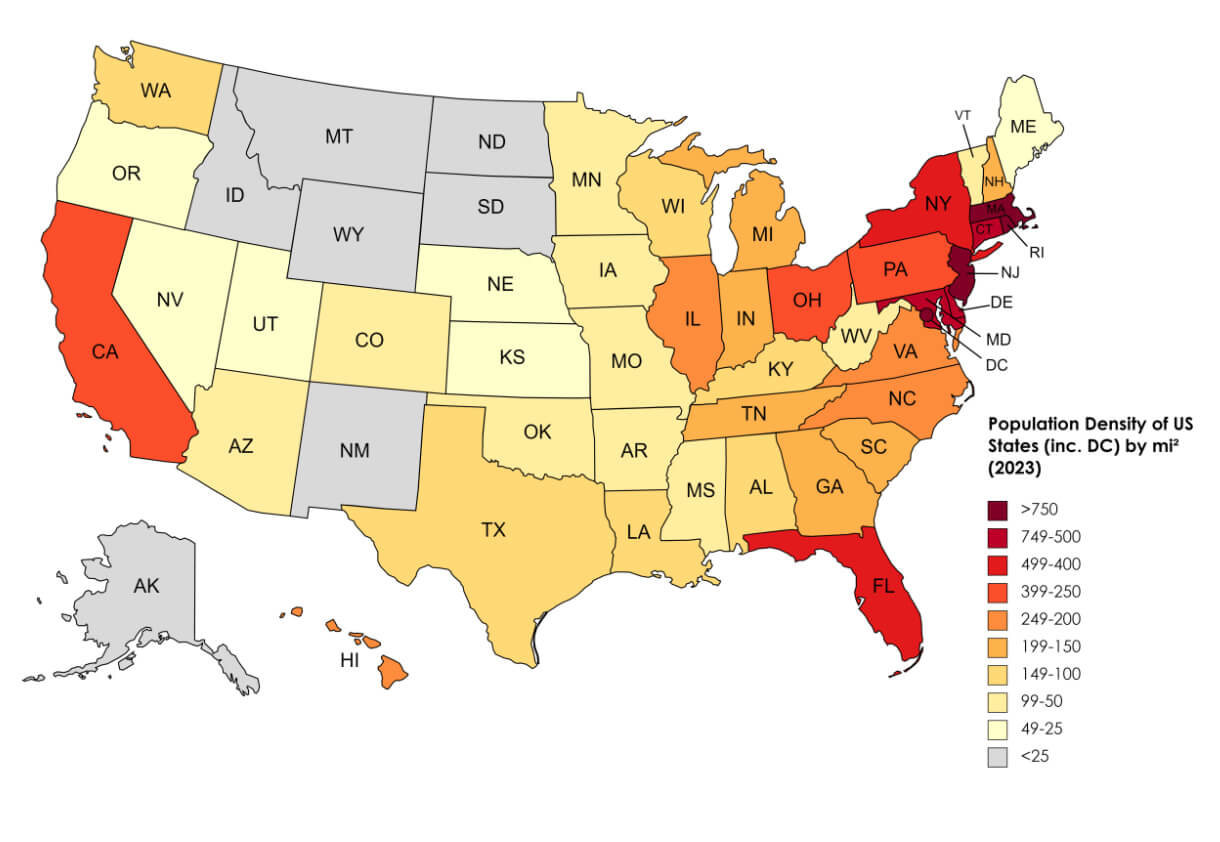 Population Density of U.S. States (2023)