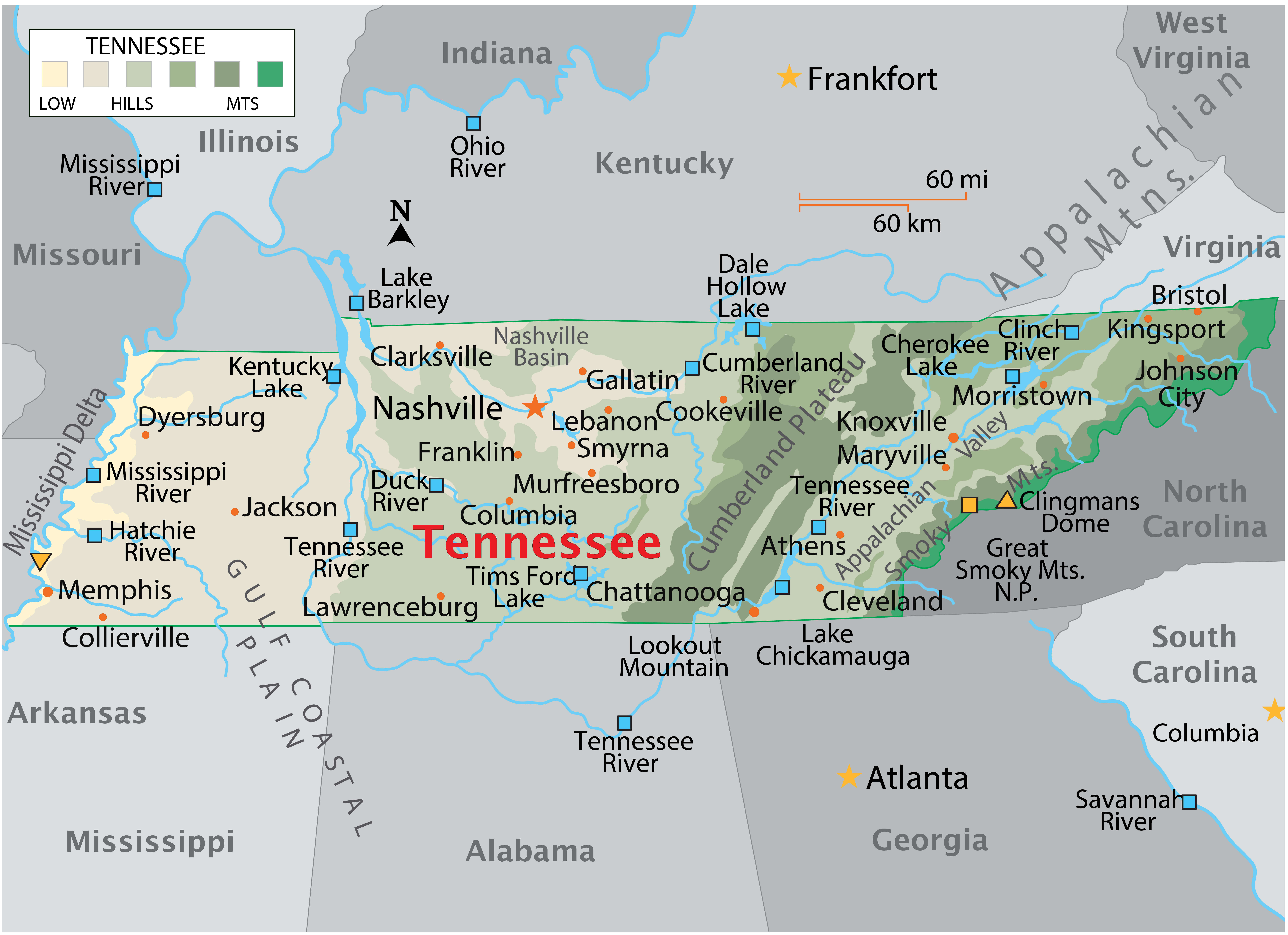 Tennessee Map 24 Tennessee physical map with main cities