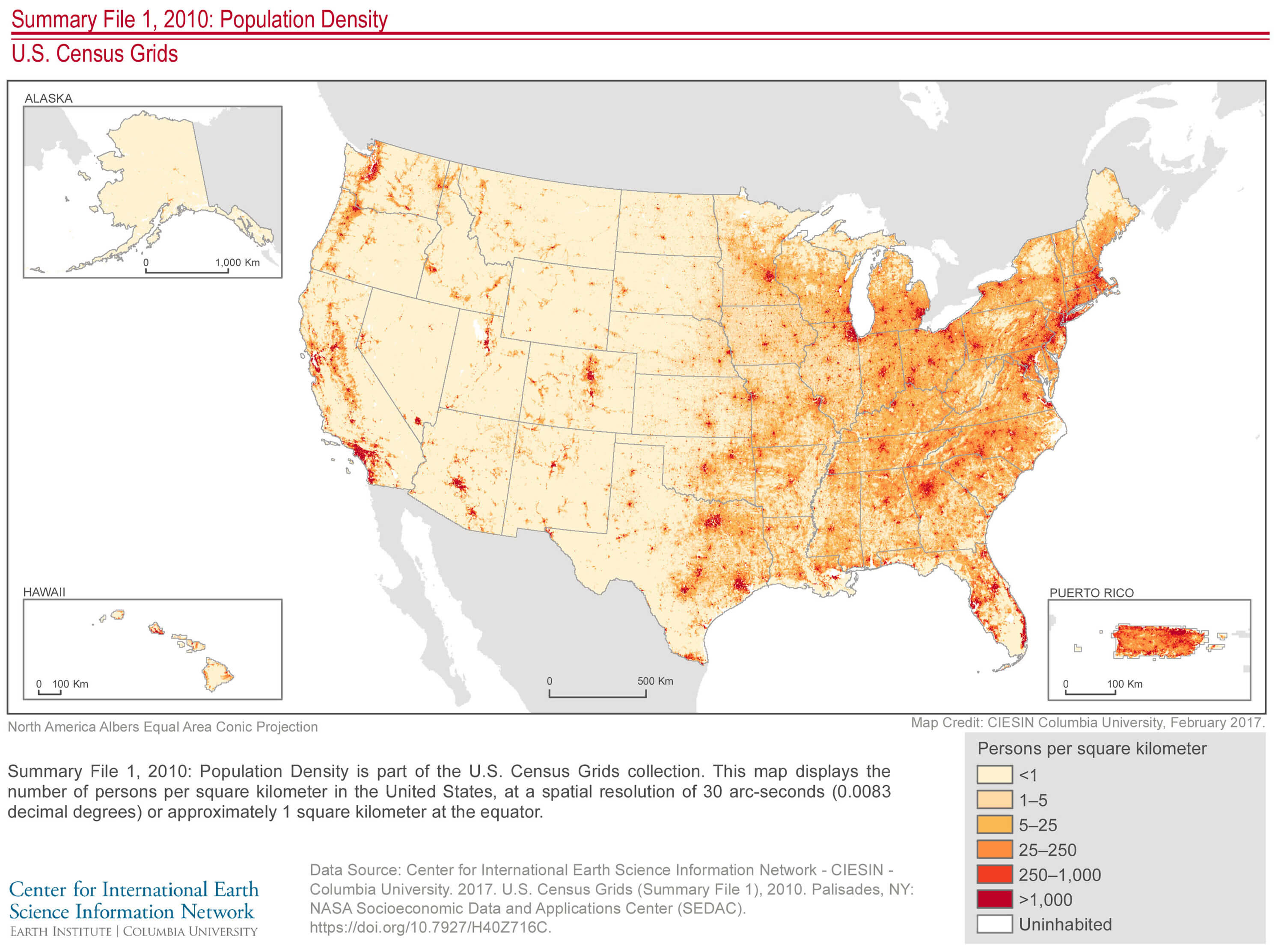 U.S. Population Density by Square Kilometer (2010)