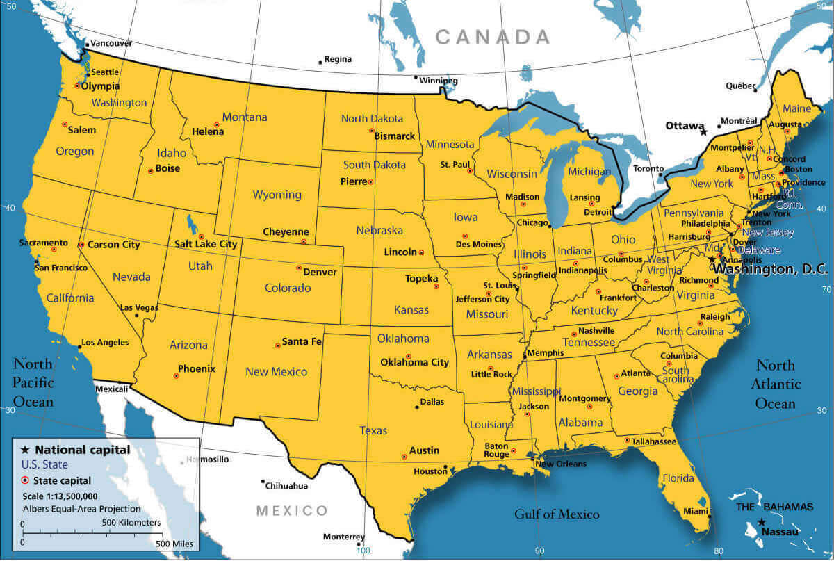 United States Map with US States National Capitals