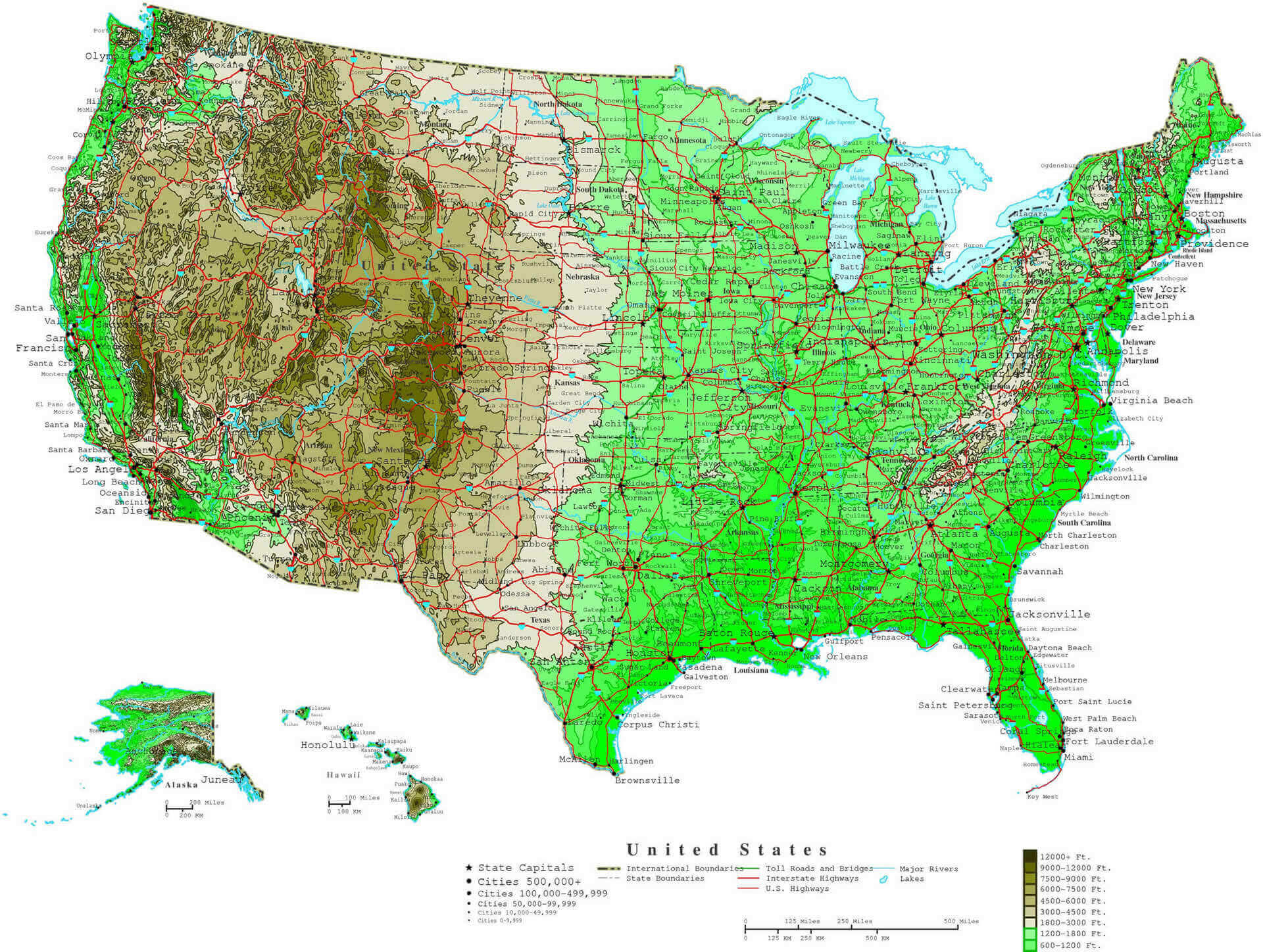 Topographic and Population Density Map of the United States