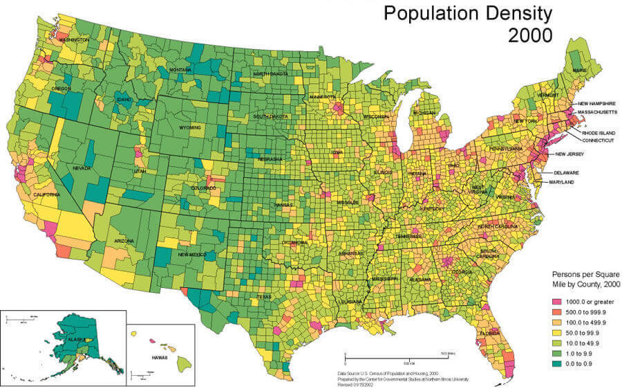 Population Density Map of the United States in 2000