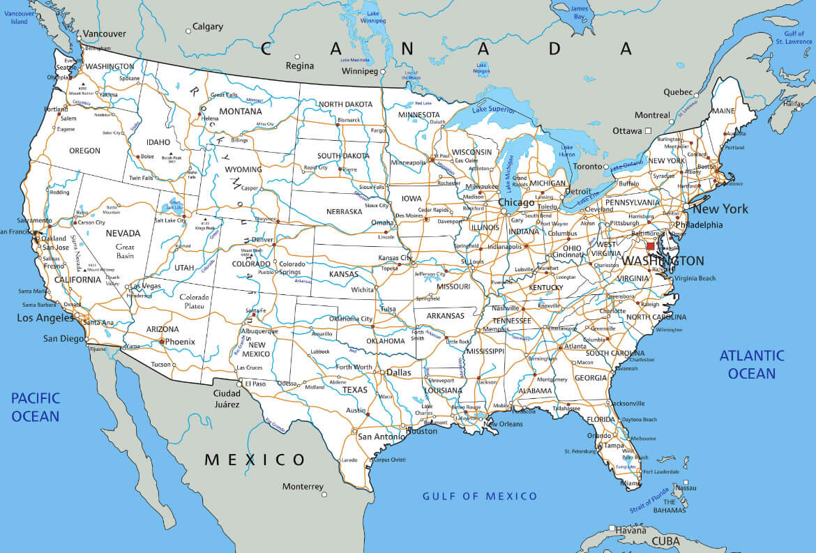 US Cities Rivers Roads Map