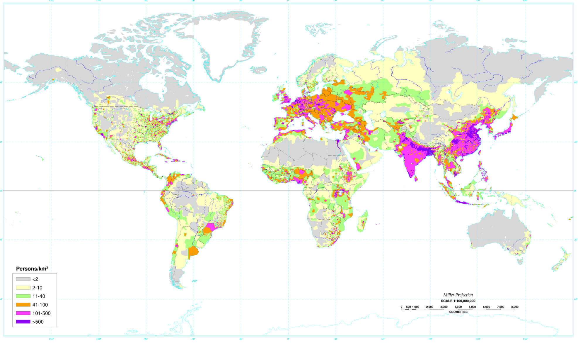 World Countries and United States Population Density Map by Country and Region (1994)