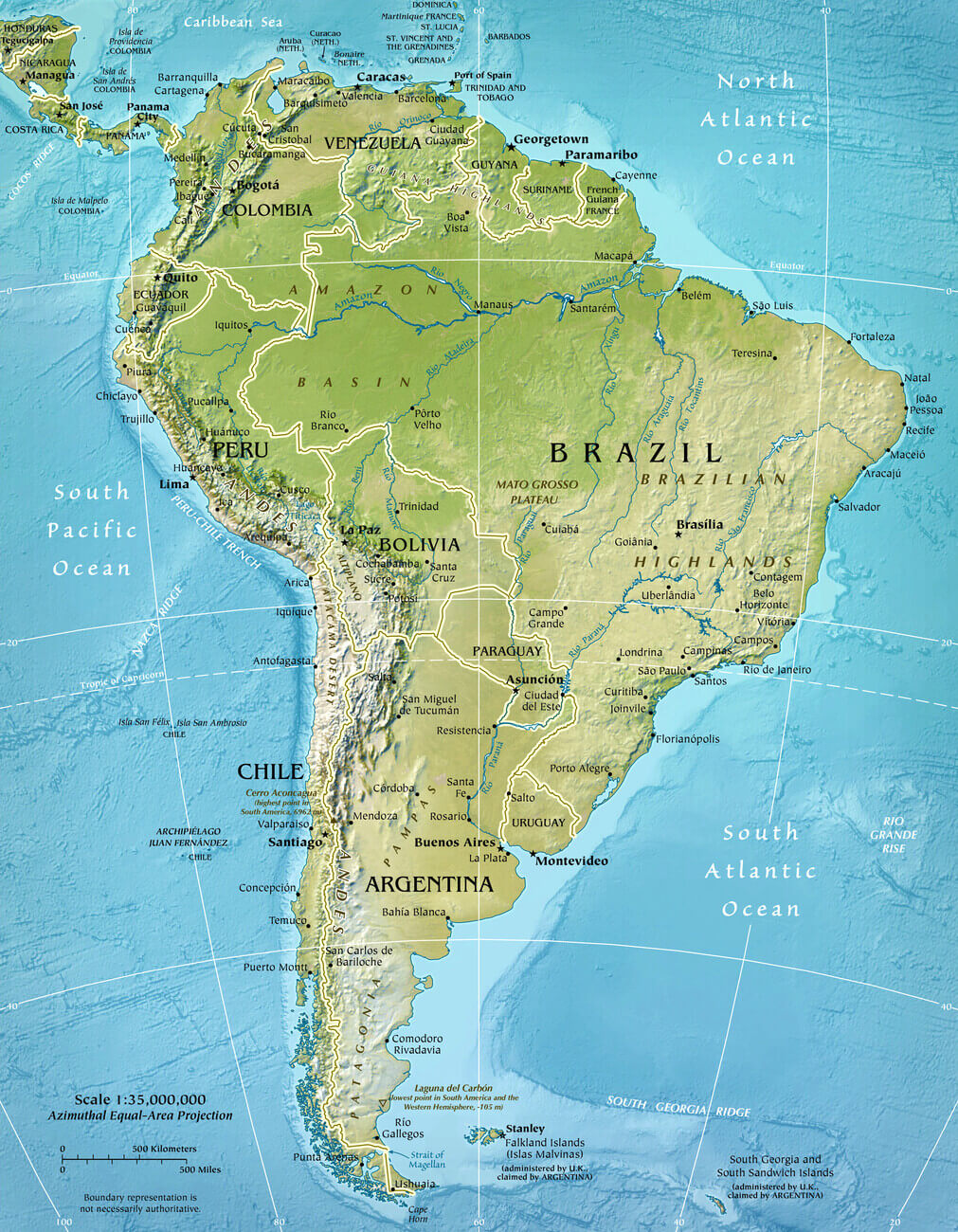 Map of South America 12 South America cities map with elevation