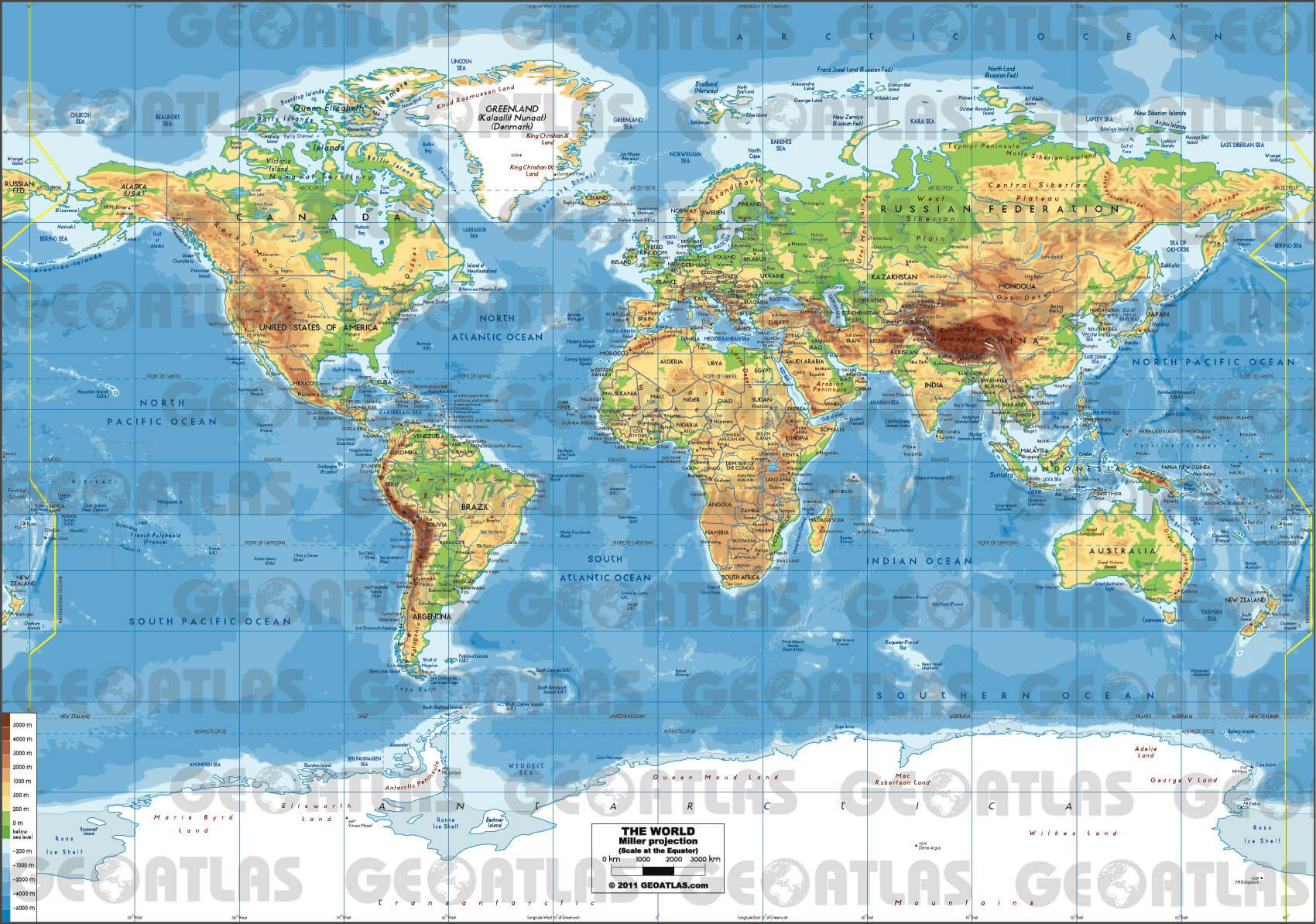 physical world map with key