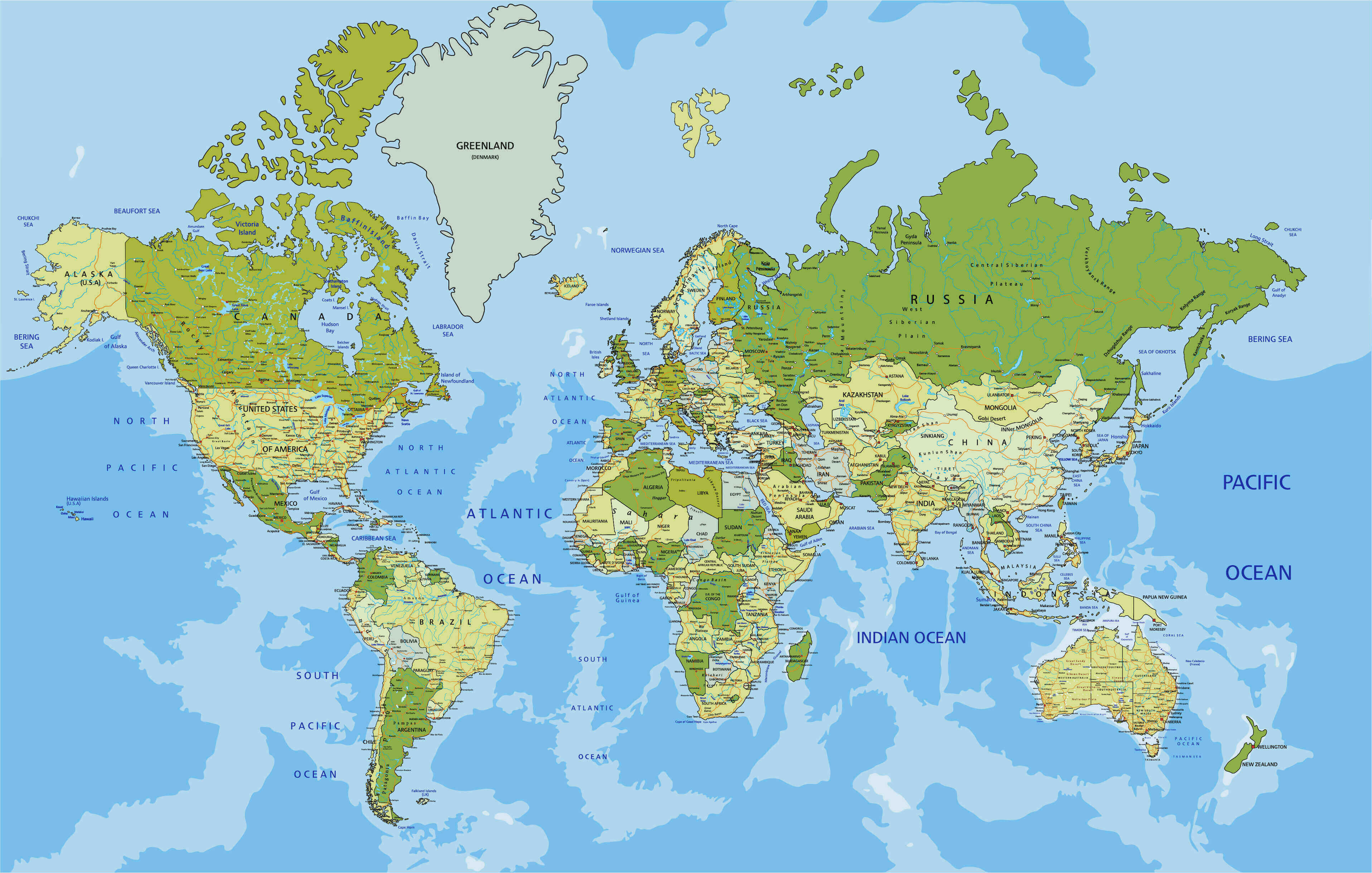 Political World Map with Geographic Details