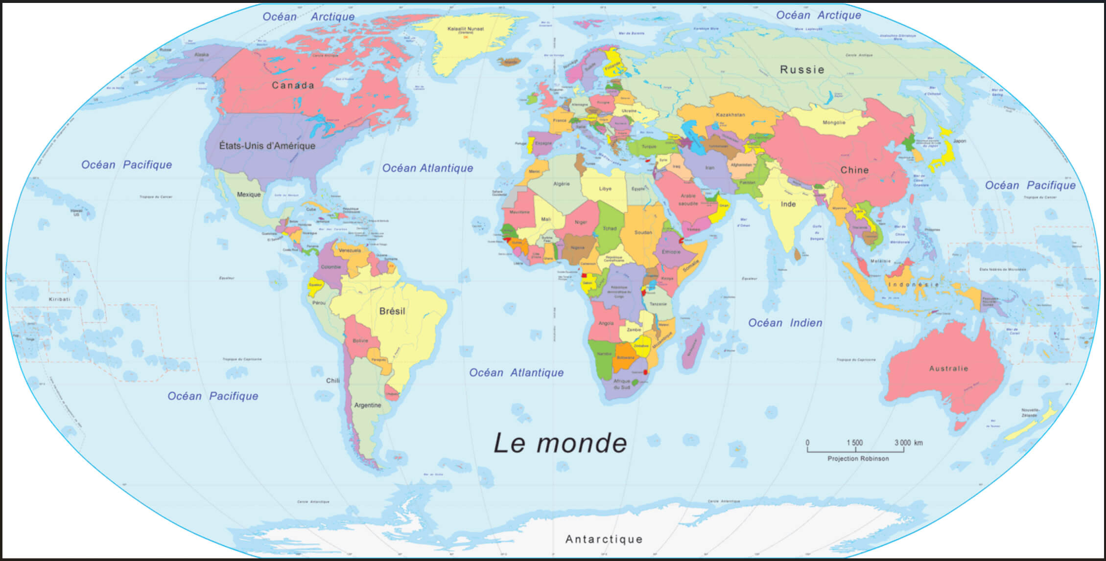 World Political Map in French: Countries and Oceans