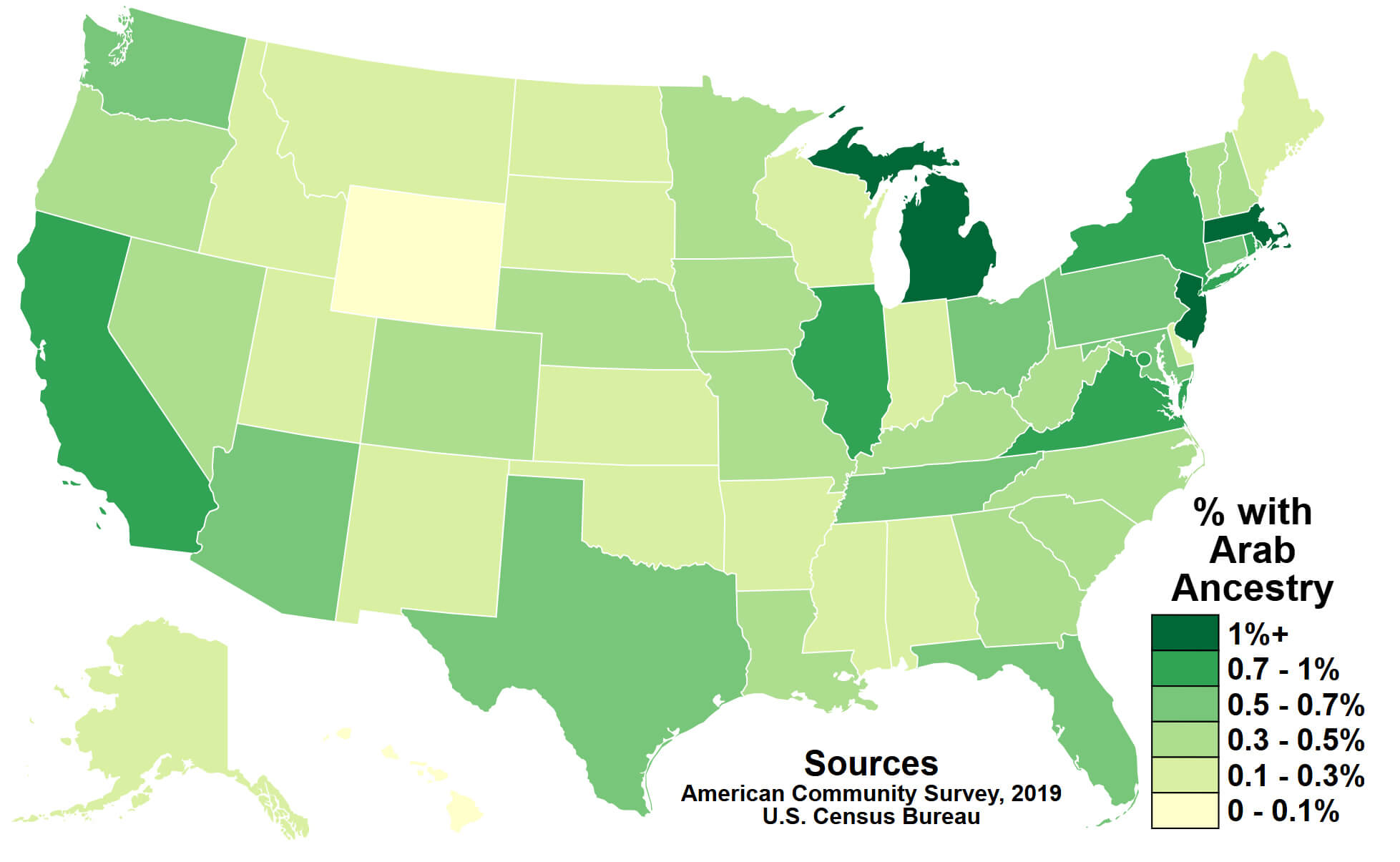 Arab Ancestry Distribution Map in the United States