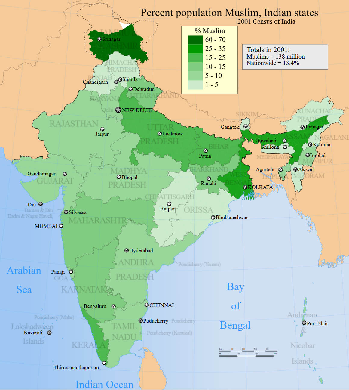 Muslim Population Density Across Indian States (2001 Census)