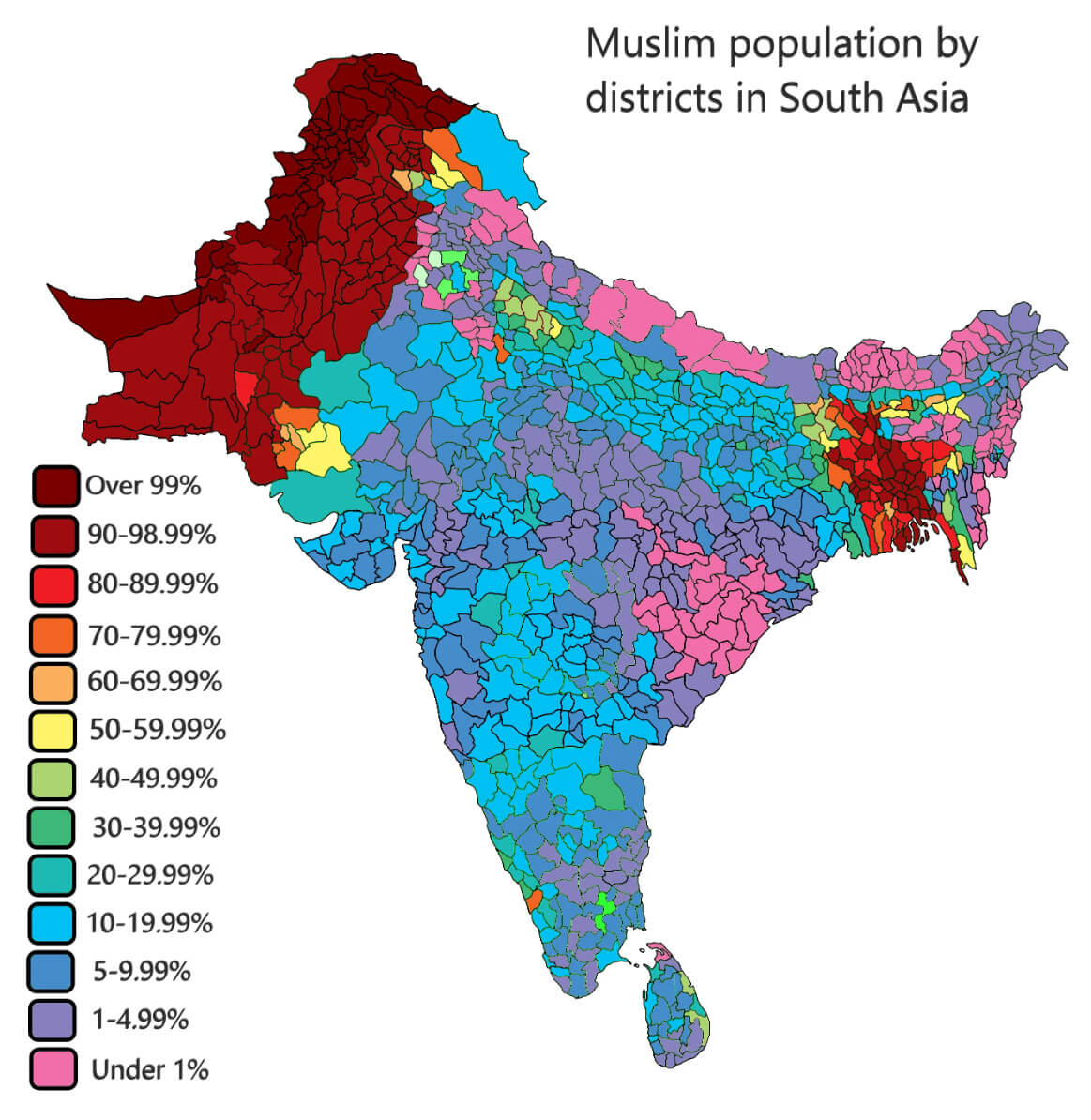 Muslim Population Density in South Asia by Districts