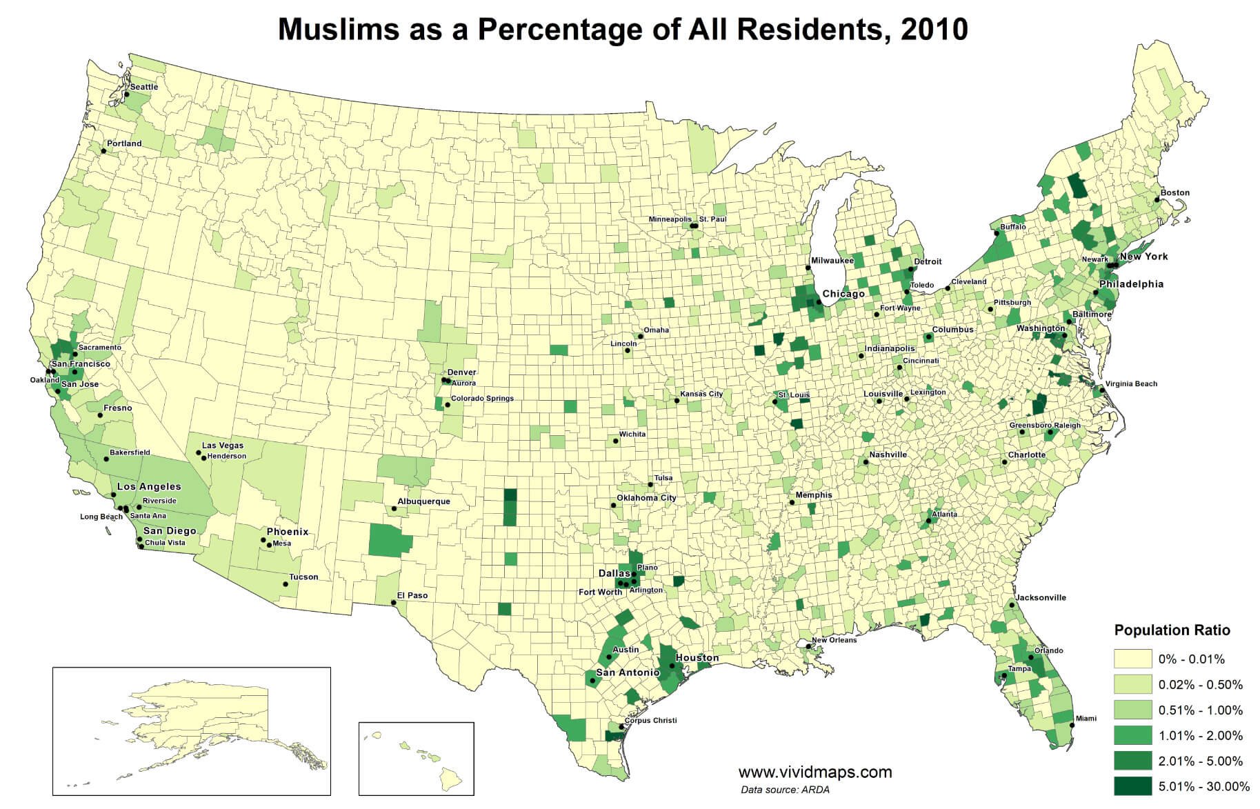 United States Muslim Population Map by Counties in 2010