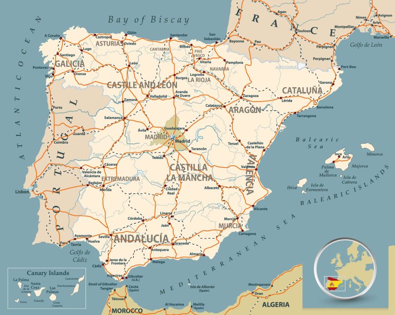 Road map of Spain with highways