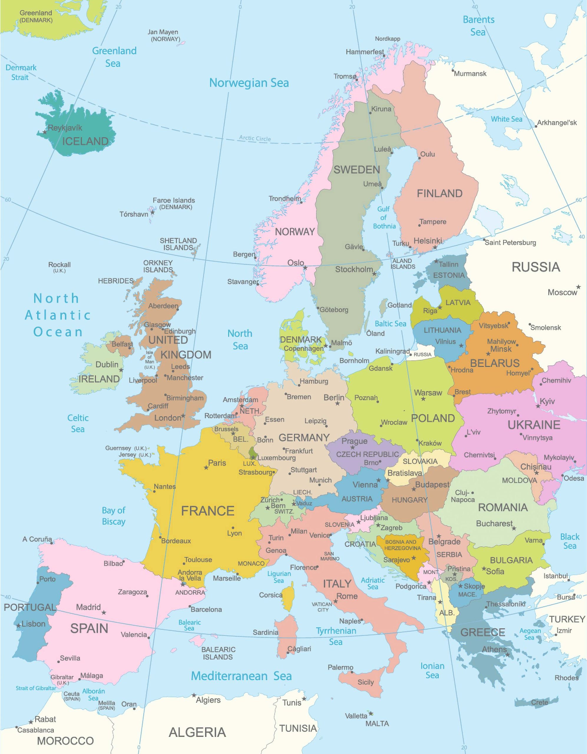 Countries, Capitals and Major Cities of the Europe Map